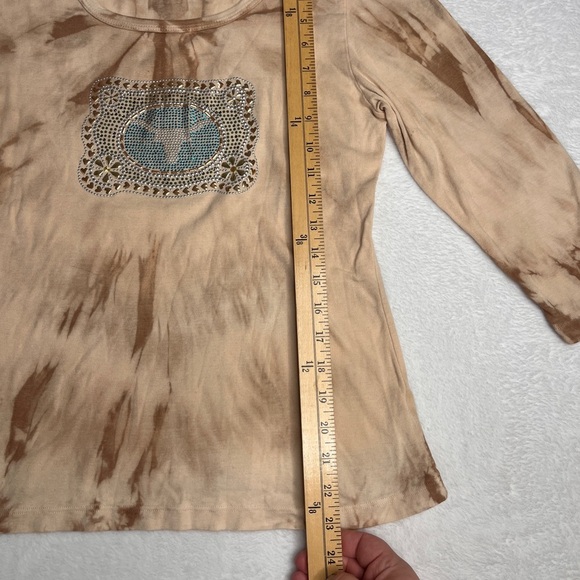 Don’t Mess With Texas Bedazzled Longhorn Tan Tie Dye 3/4 Sleeve Top Sz L Western - Picture 6 of 9